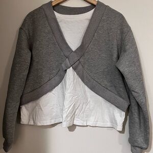 Grey Cropped Twist-Front Cardigan with attached White Layered Tee